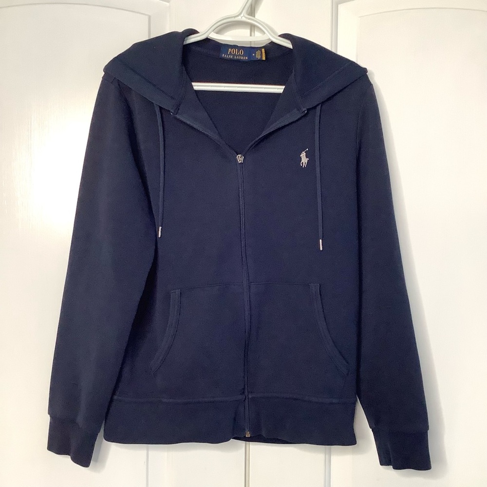 Polo Ralph Lauren Medium Navy Blue White Polo Horse Zip-Up Drawstring Hoodie